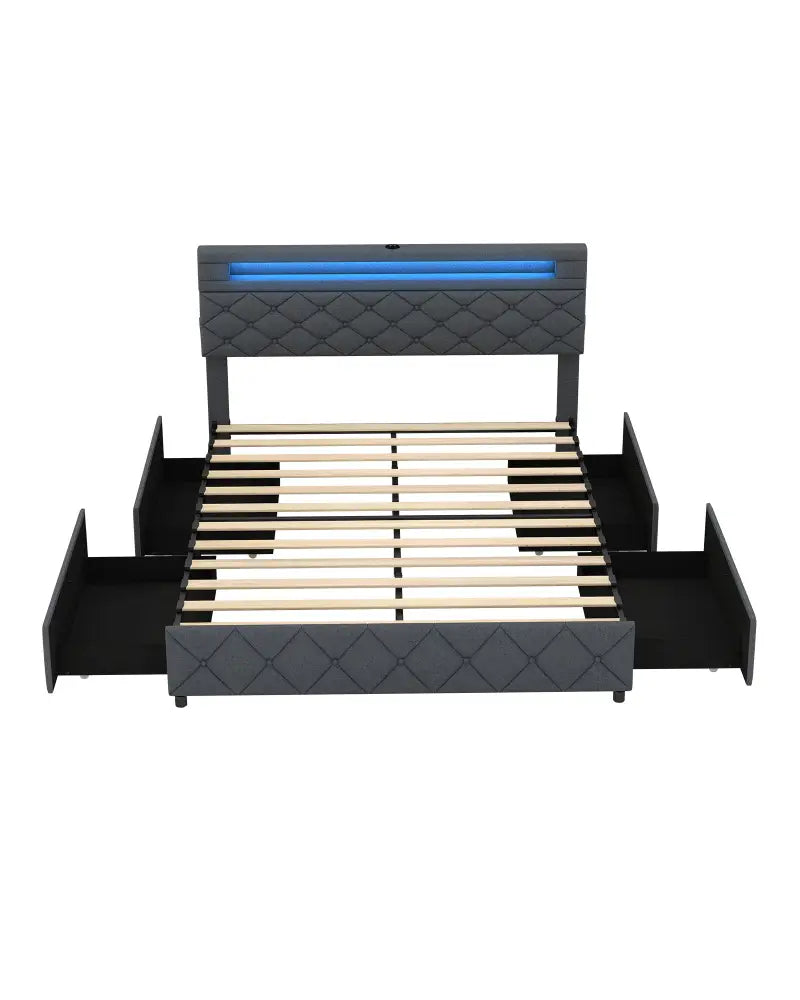 Full/Queen Size Bed Frame with Adjustable Storage Headboard and Wooden Slat Support-Queen Size - Gray - Simple Bed Frame