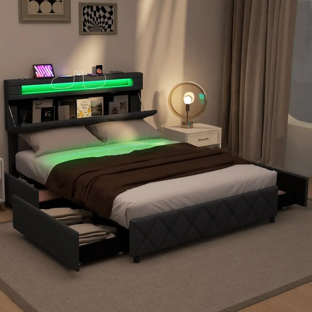 Full/Queen Size Bed Frame with Adjustable Storage Headboard and Wooden Slat Support-Full - Gray - Simple Bed Frame