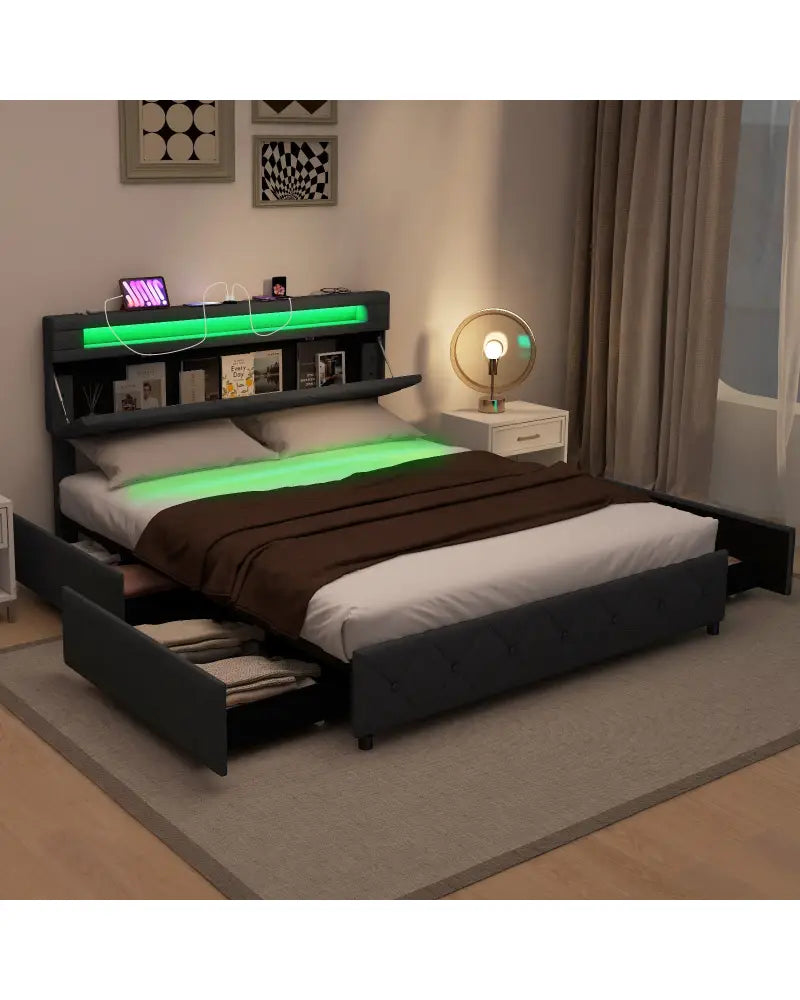 Full/Queen Size Bed Frame with Adjustable Storage Headboard and Wooden Slat Support-Queen Size - Gray - Simple Bed Frame