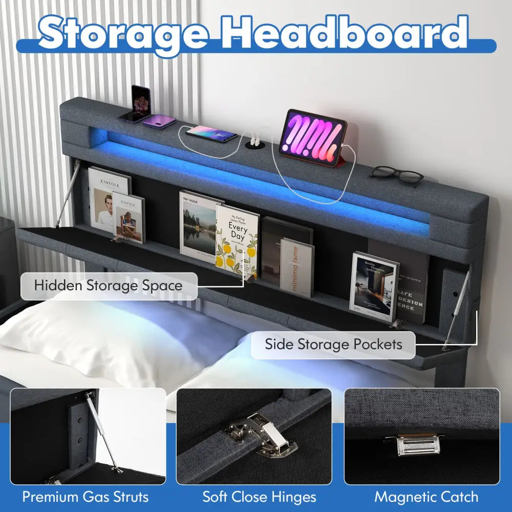 Full/Queen Size Bed Frame with Adjustable Storage Headboard and Wooden Slat Support-Full - Gray - Simple Bed Frame