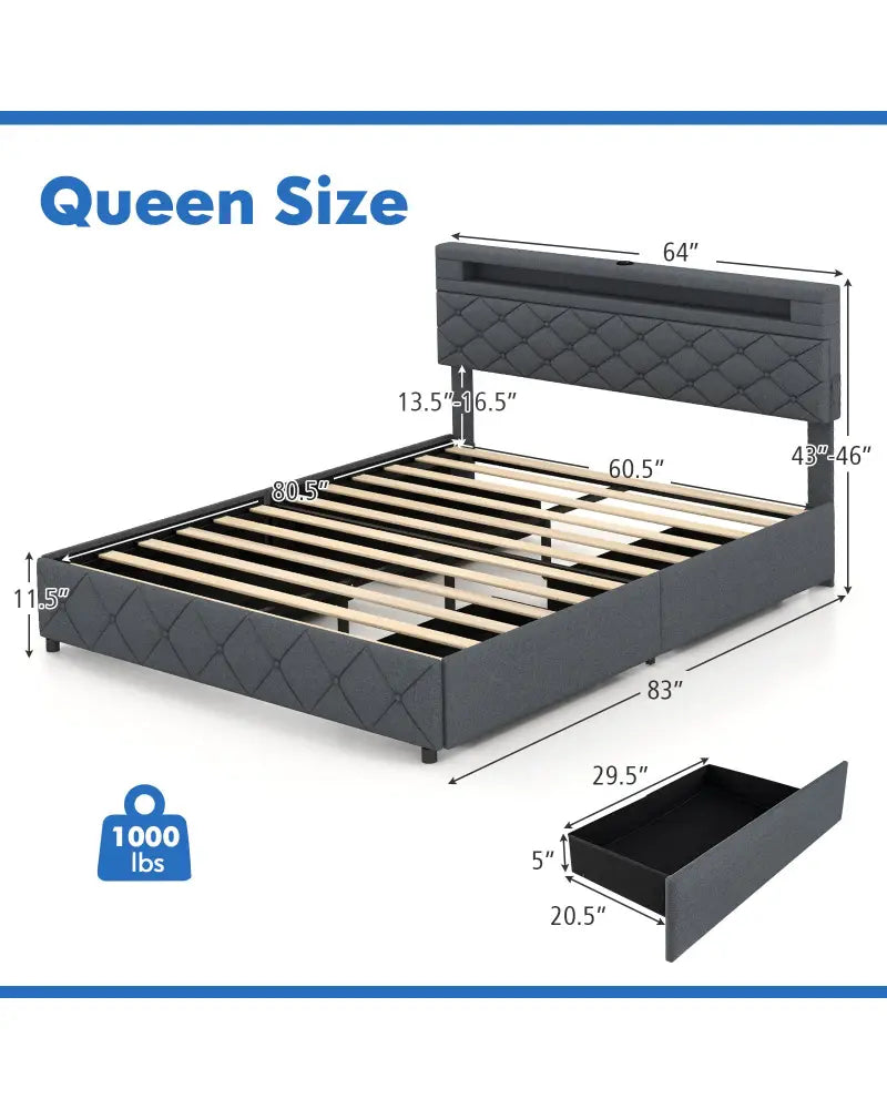 Full/Queen Size Bed Frame with Adjustable Storage Headboard and Wooden Slat Support-Queen Size - Gray - Simple Bed Frame