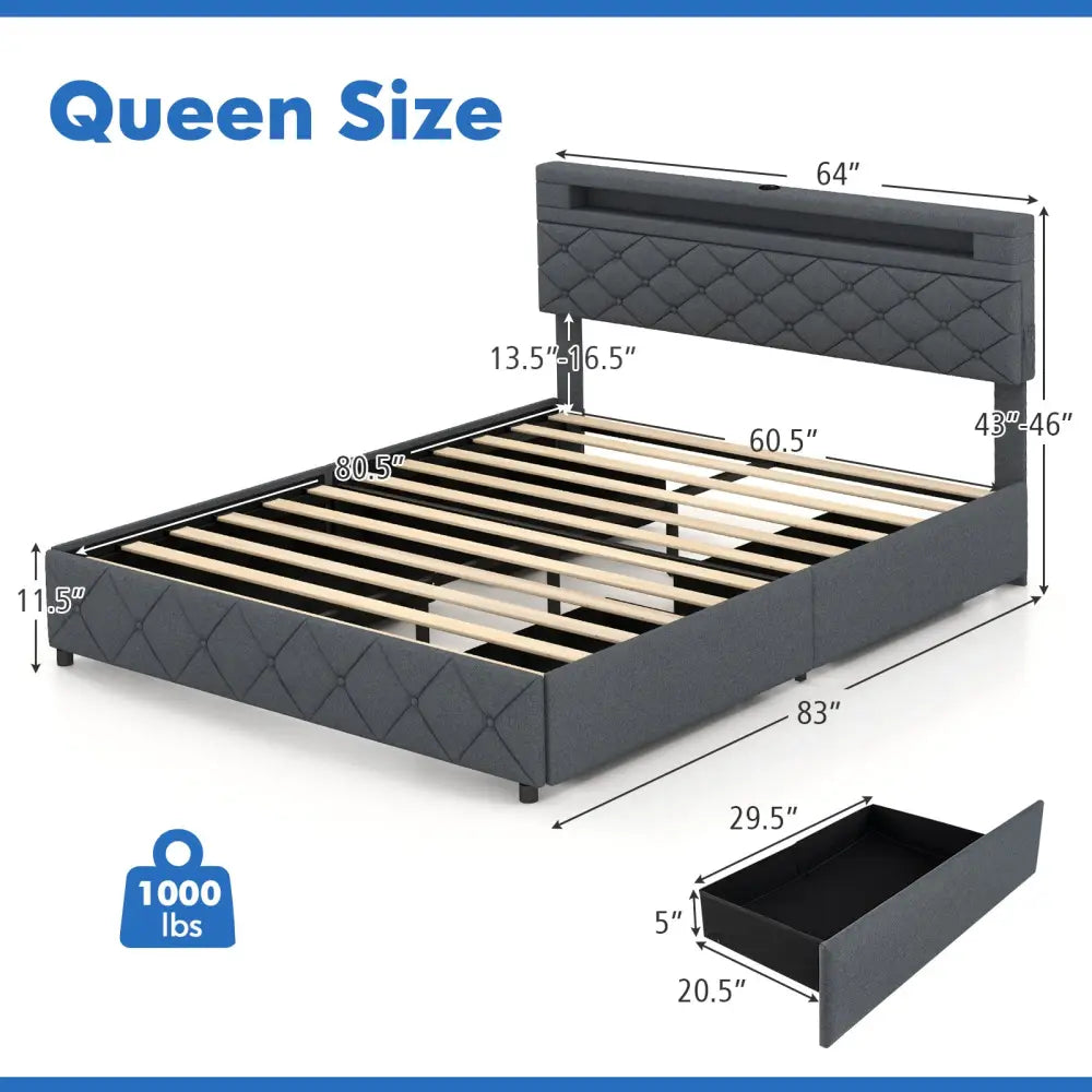 Full/Queen Size Bed Frame with Adjustable Storage Headboard and Wooden Slat Support-Queen Size - Gray - Simple Bed Frame