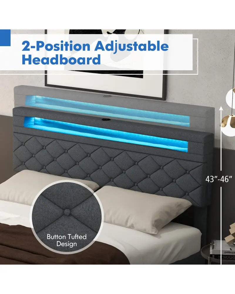 Full/Queen Size Bed Frame with Adjustable Storage Headboard and Wooden Slat Support-Queen Size - Gray - Simple Bed Frame