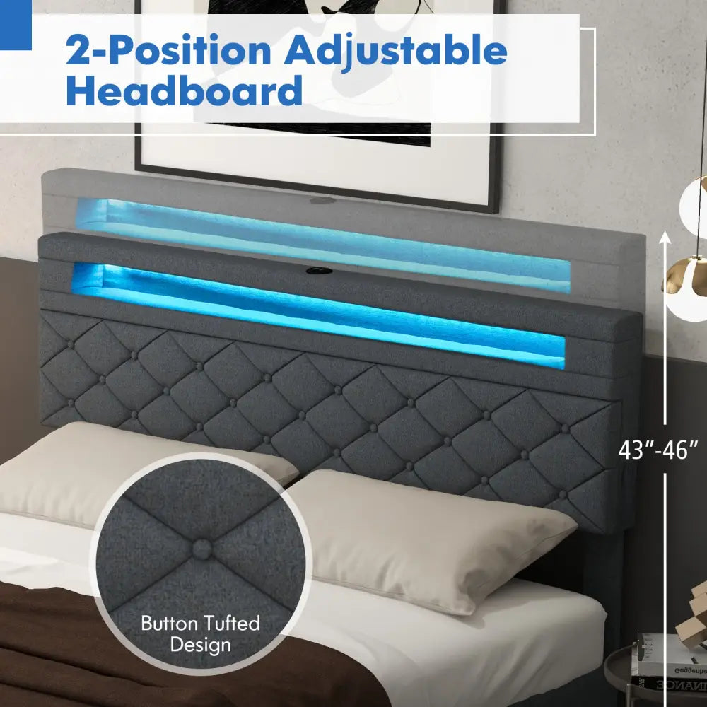 Full/Queen Size Bed Frame with Adjustable Storage Headboard and Wooden Slat Support-Queen Size - Gray - Simple Bed Frame