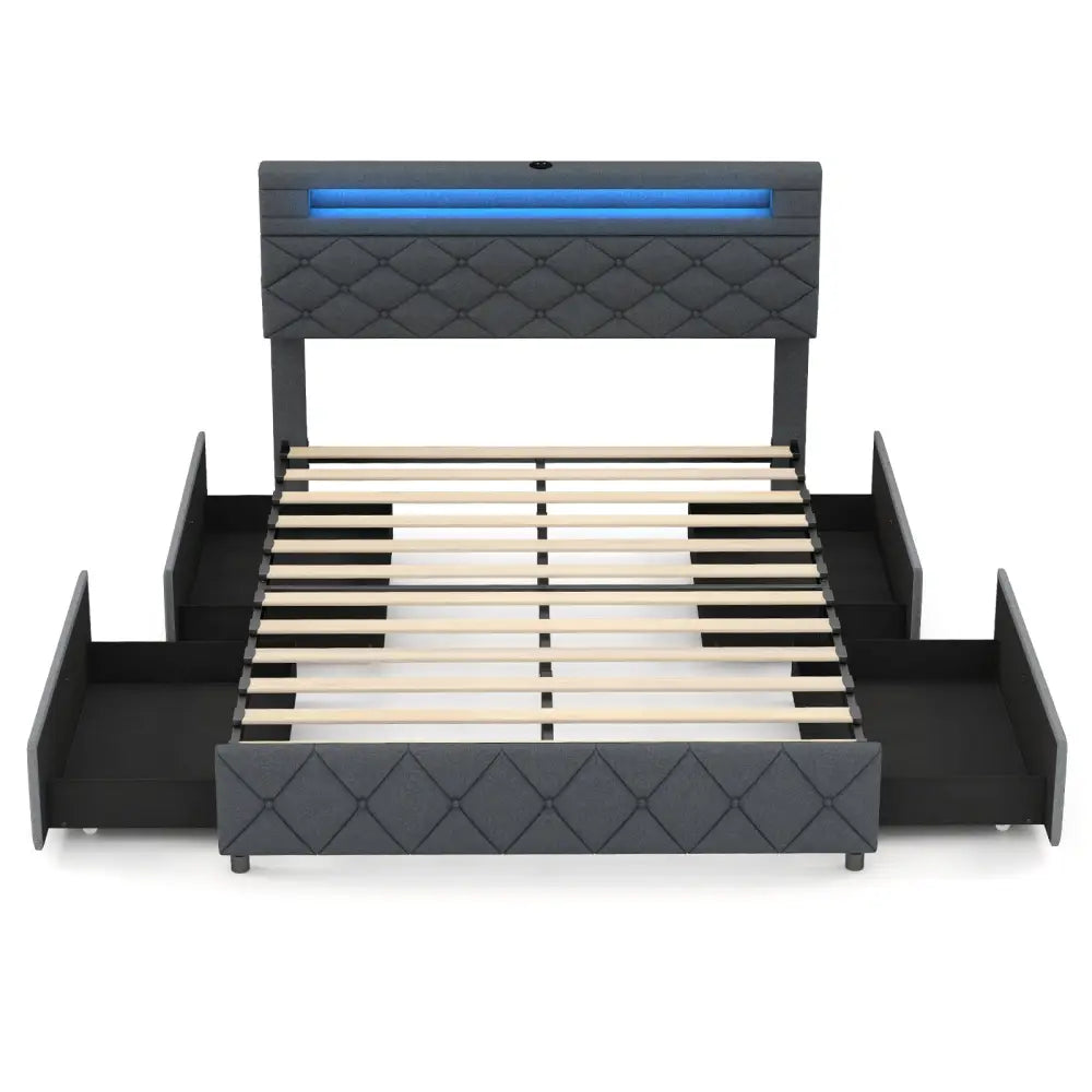 Full/Queen Size Bed Frame with Adjustable Storage Headboard and Wooden Slat Support-Full - Gray - Simple Bed Frame