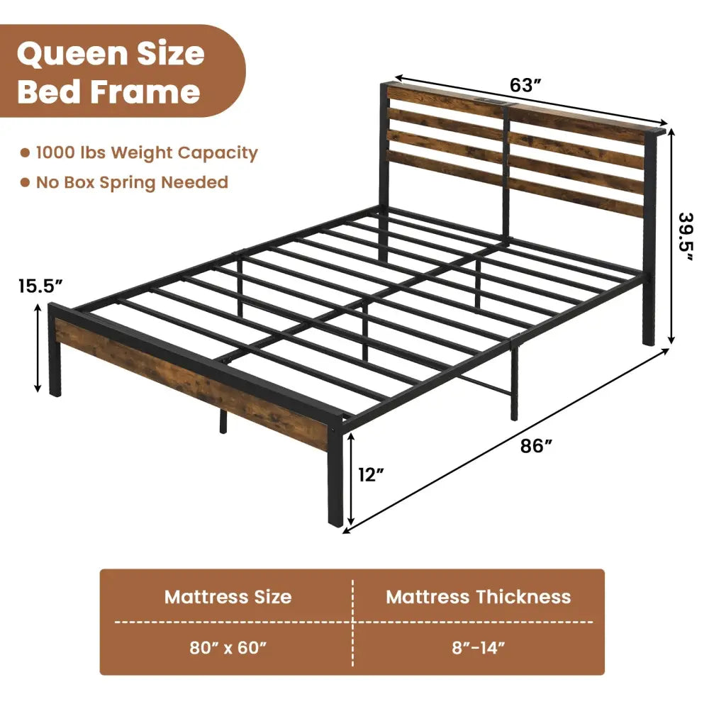 Full/Queen Size Bed Frame with Charging Station and Storage Headboard-Queen Size - Rustic Brown - Simple Bed Frame