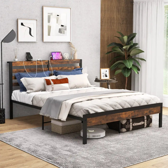 Full/Queen Size Bed Frame with Charging Station and Storage Headboard-Full Size - Rustic Brown - Simple Bed Frame