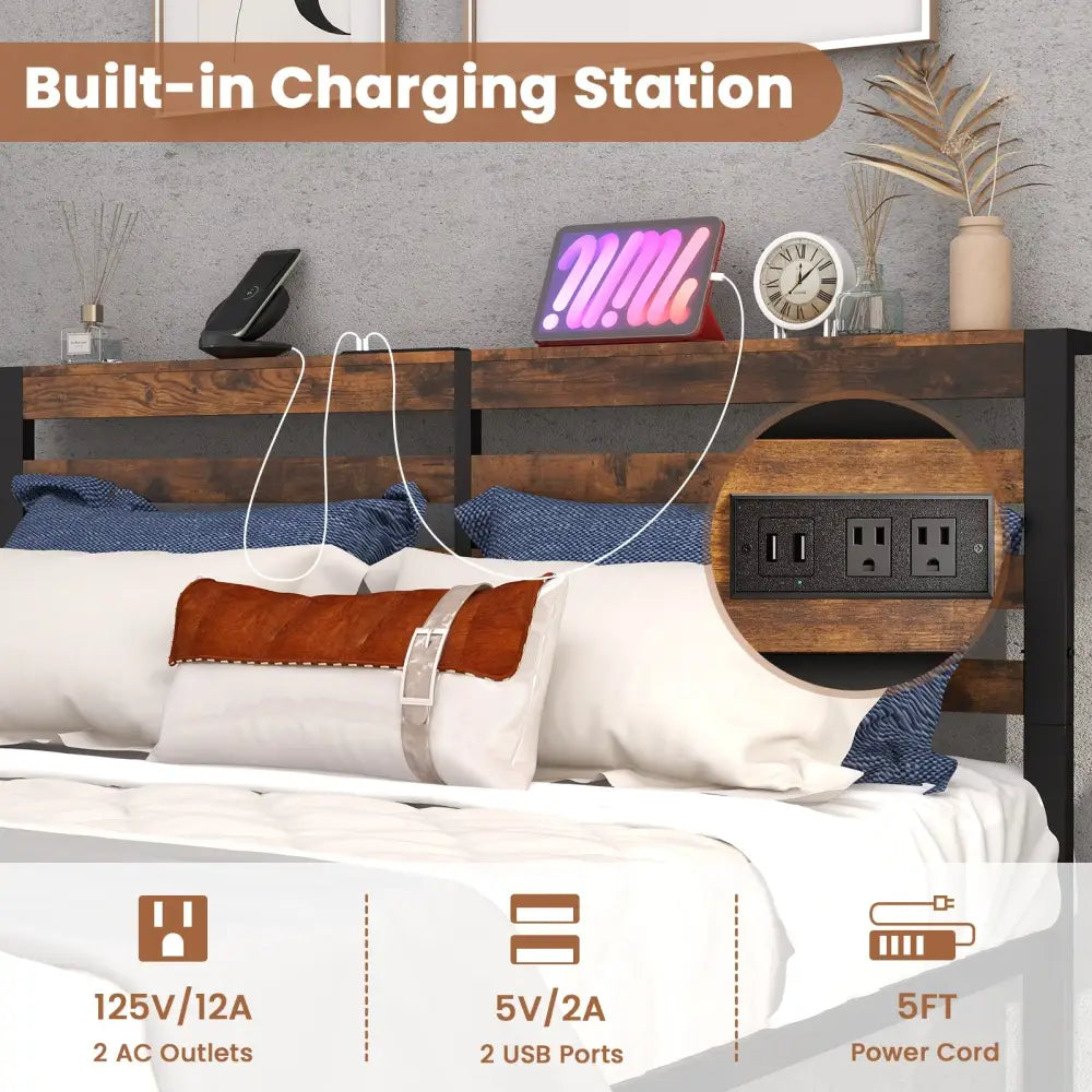 Full/Queen Size Bed Frame with Charging Station and Storage Headboard-Queen Size - Rustic Brown - Simple Bed Frame