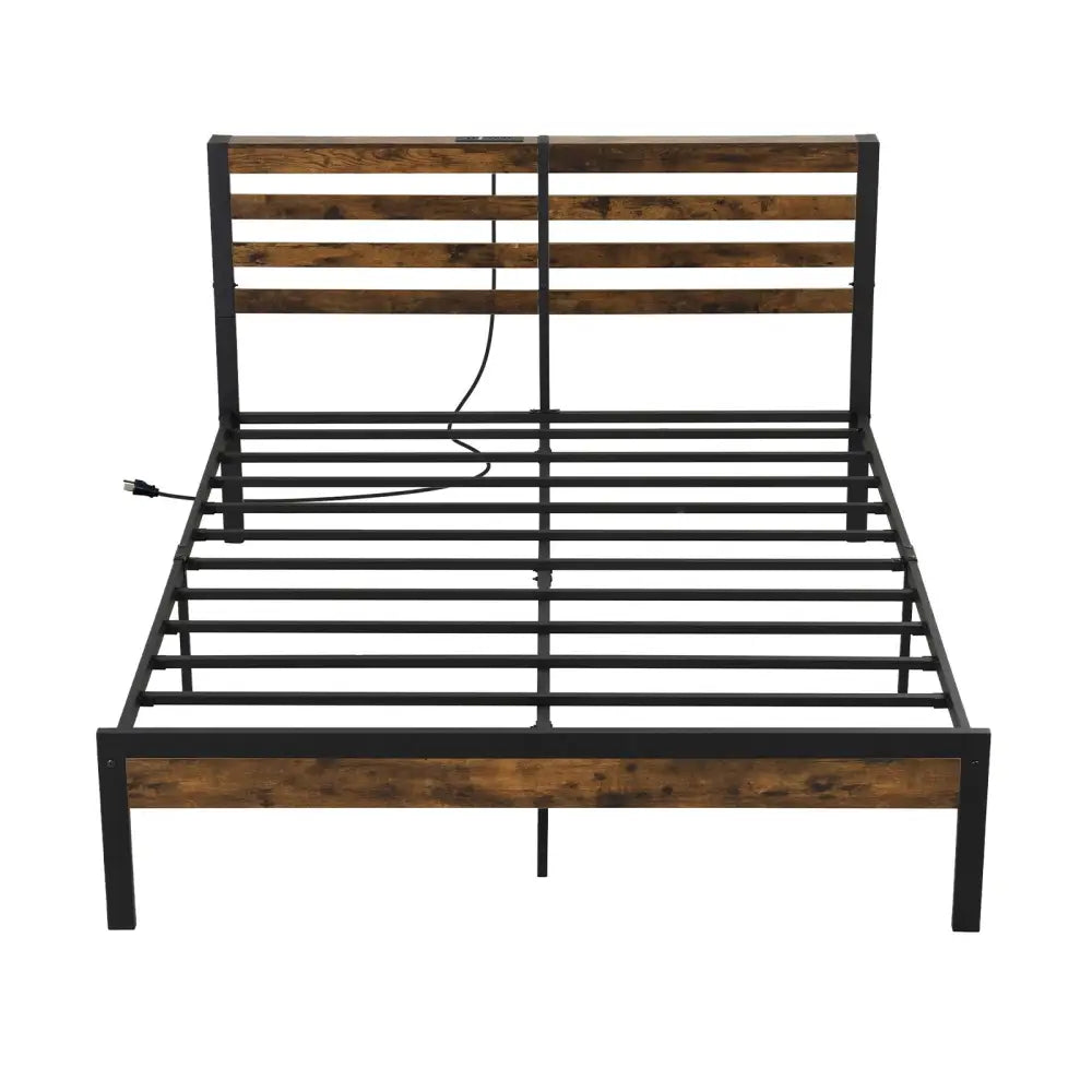 Full/Queen Size Bed Frame with Charging Station and Storage Headboard-Queen Size - Rustic Brown - Simple Bed Frame