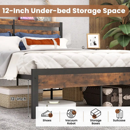 Full/Queen Size Bed Frame with Charging Station and Storage Headboard-Queen Size - Rustic Brown - Simple Bed Frame
