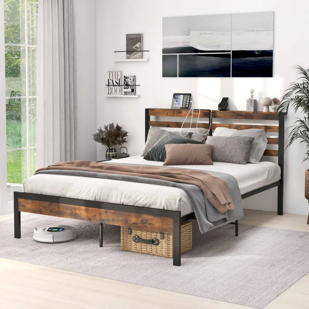 Full/Queen Size Bed Frame with Charging Station and Storage Headboard-Queen Size - Rustic Brown - Simple Bed Frame