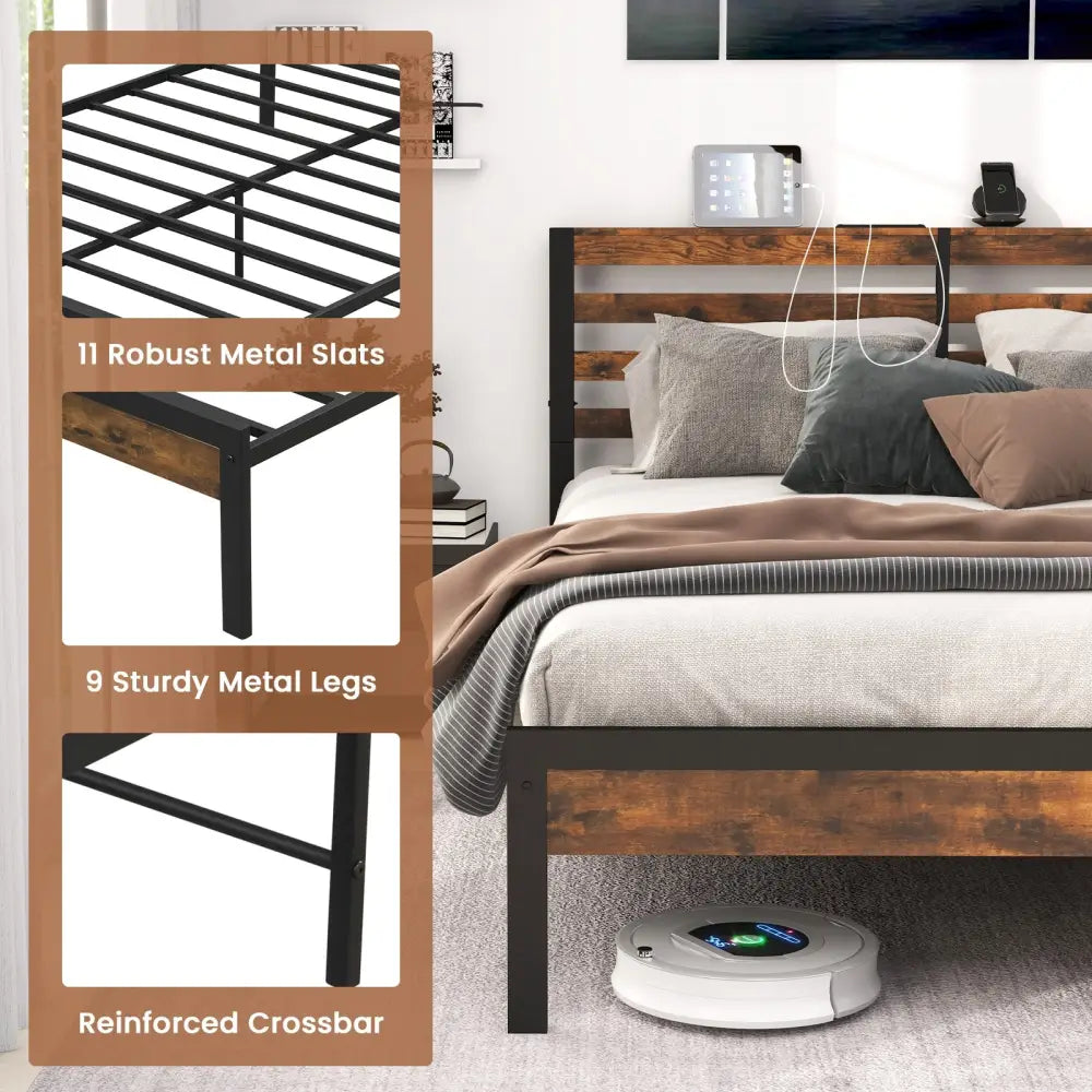 Full/Queen Size Bed Frame with Charging Station and Storage Headboard-Queen Size - Rustic Brown - Simple Bed Frame