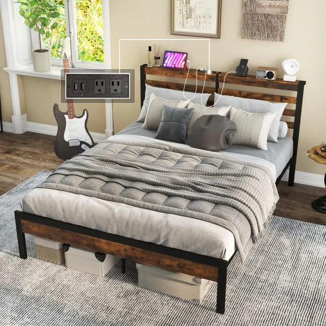 Full/Queen Size Bed Frame with Charging Station and Storage Headboard-Queen Size - Rustic Brown - Simple Bed Frame