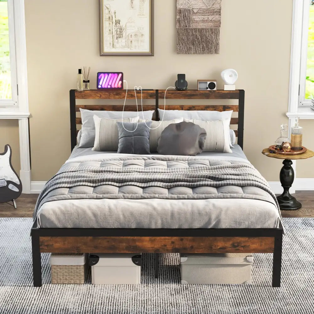 Full/Queen Size Bed Frame with Charging Station and Storage Headboard-Queen Size - Rustic Brown - Simple Bed Frame