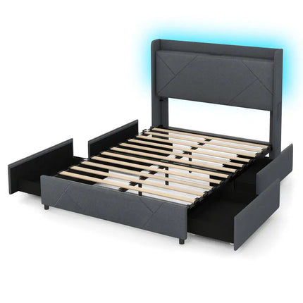 Full/Queen Size Bed Frame with LED Lights and Charging Station-Full Size - Gray - Simple Bed Frame