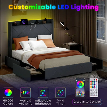 Full/Queen Size Bed Frame with LED Lights and Charging Station-Full Size - Gray - Simple Bed Frame