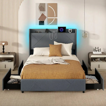 Full/Queen Size Bed Frame with LED Lights and Charging Station-Full Size - Gray - Simple Bed Frame