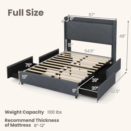 Full/Queen Size Bed Frame with LED Lights and Charging Station-Full Size - Gray - Simple Bed Frame
