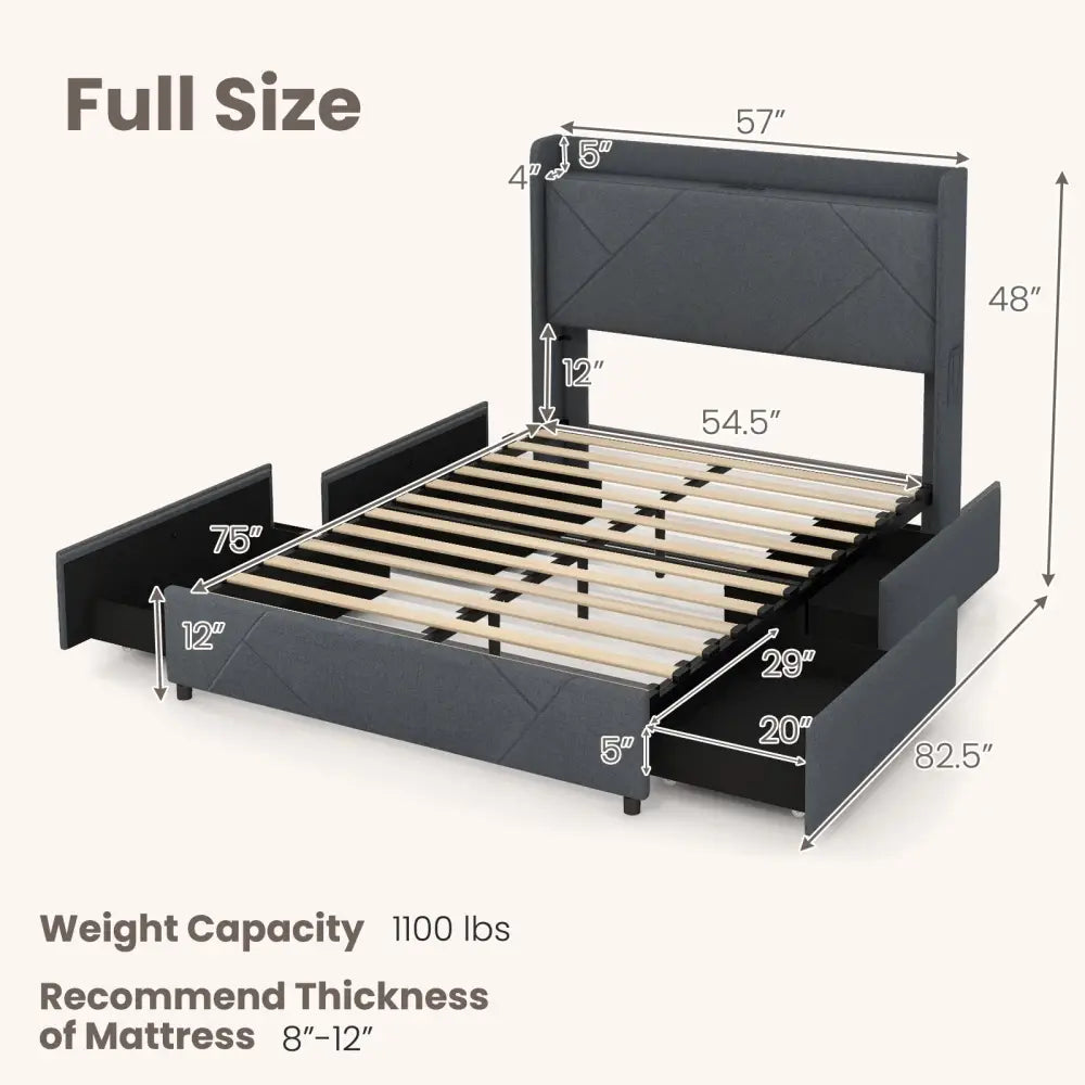 Full/Queen Size Bed Frame with LED Lights and Charging Station-Full Size - Gray - Simple Bed Frame