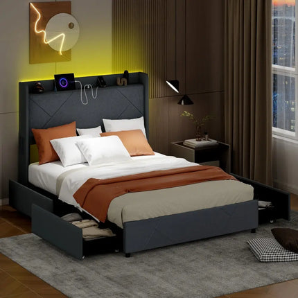 Full/Queen Size Bed Frame with LED Lights and Charging Station-Full Size - Gray - Simple Bed Frame