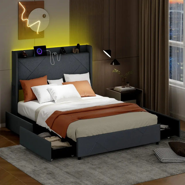 Full/Queen Size Bed Frame with LED Lights and Charging Station-Full Size - Gray - Simple Bed Frame