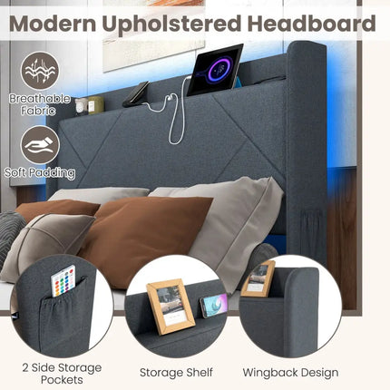 Full/Queen Size Bed Frame with LED Lights and Charging Station-Full Size - Gray - Simple Bed Frame
