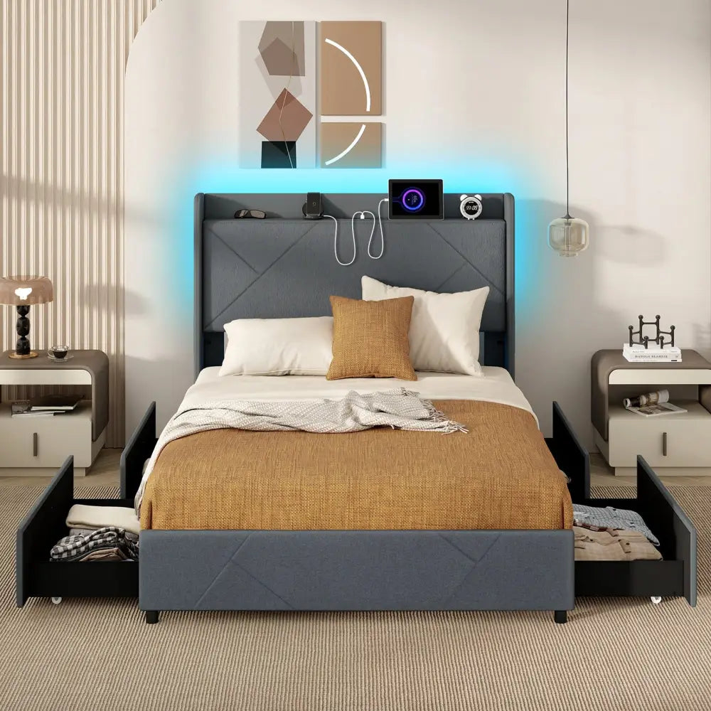 Full/Queen Size Bed Frame with LED Lights and Charging Station-Full Size - Gray - Simple Bed Frame