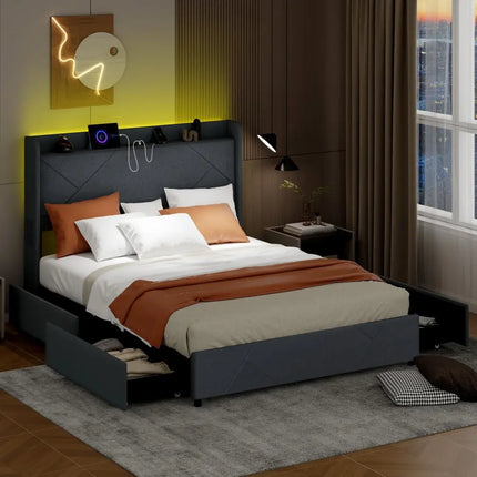 Full/Queen Size Bed Frame with LED Lights and Charging Station-Queen Size - Gray - Simple Bed Frame