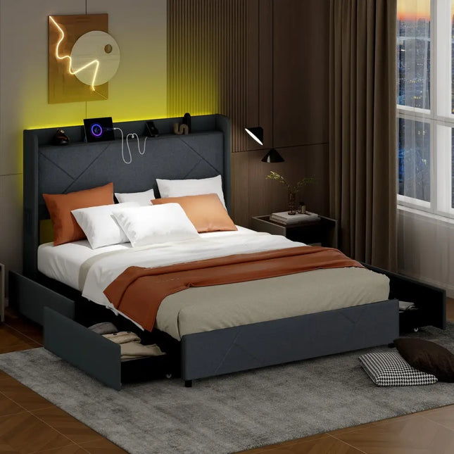 Full/Queen Size Bed Frame with LED Lights and Charging Station-Queen Size - Gray - Simple Bed Frame