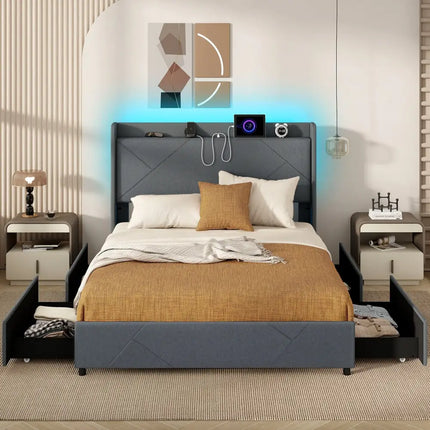Full/Queen Size Bed Frame with LED Lights and Charging Station-Queen Size - Gray - Simple Bed Frame
