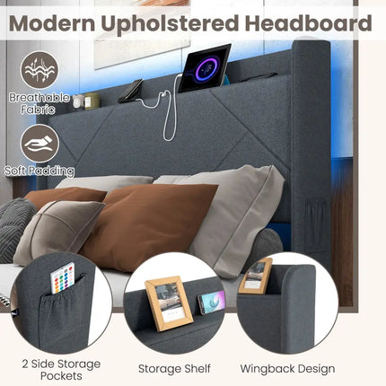 Full/Queen Size Bed Frame with LED Lights and Charging Station-Queen Size - Gray - Simple Bed Frame