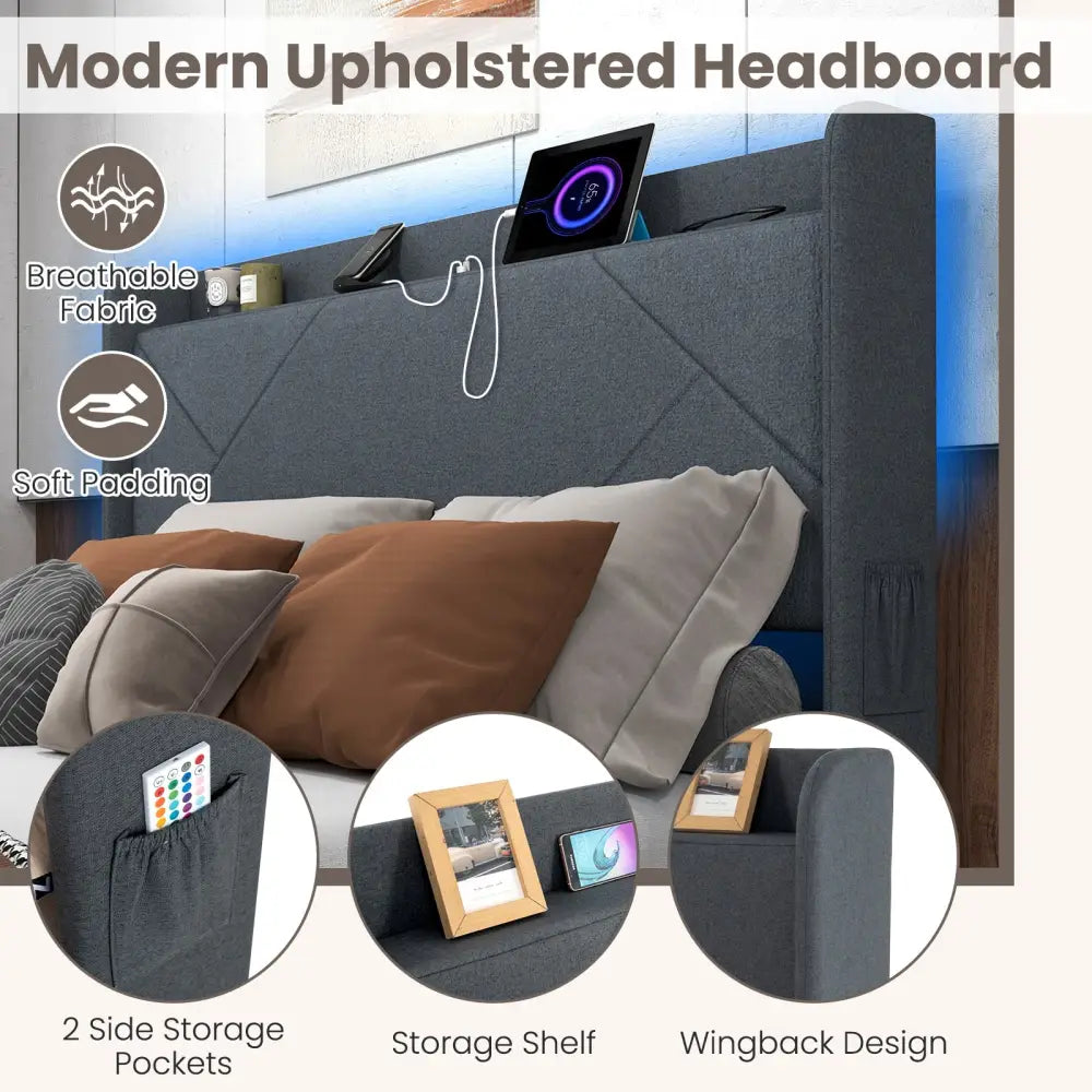 Full/Queen Size Bed Frame with LED Lights and Charging Station-Queen Size - Gray - Simple Bed Frame