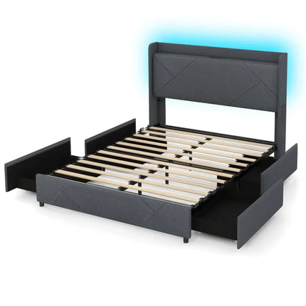 Full/Queen Size Bed Frame with LED Lights and Charging Station-Queen Size - Gray - Simple Bed Frame