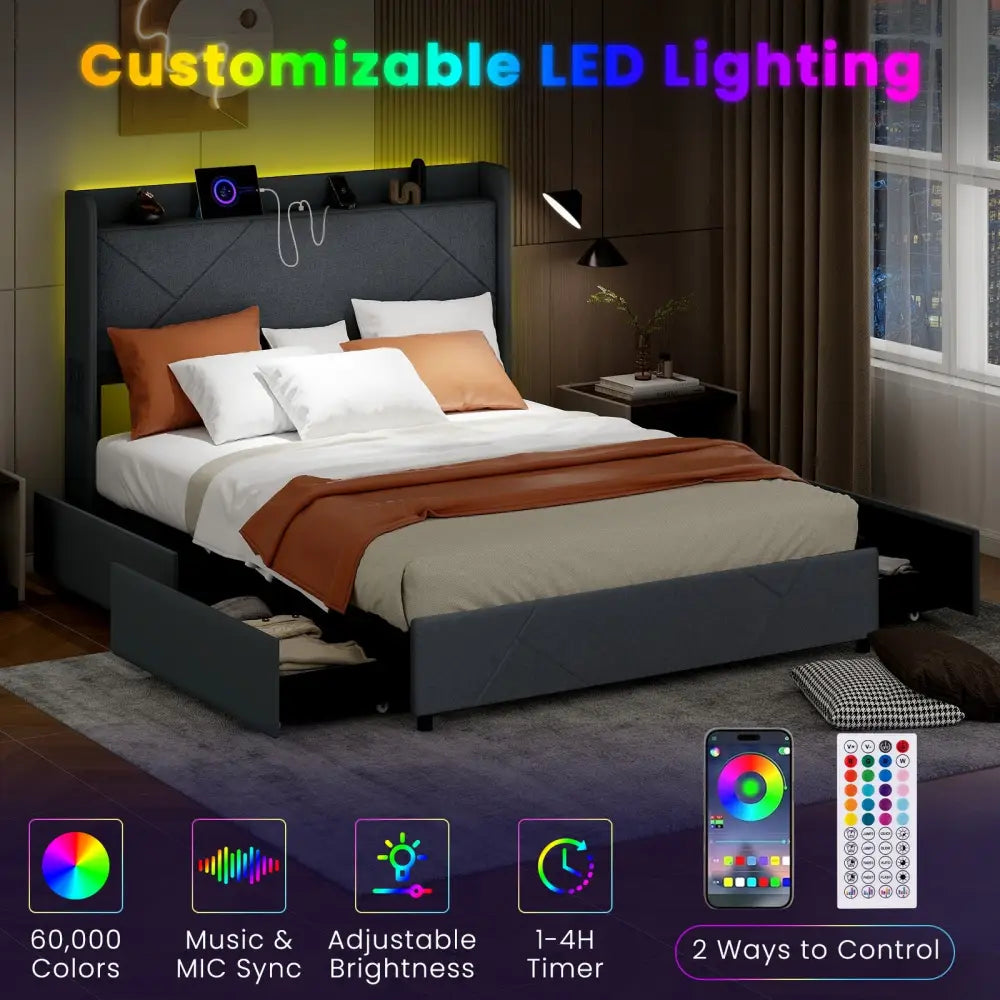 Full/Queen Size Bed Frame with LED Lights and Charging Station-Queen Size - Gray - Simple Bed Frame