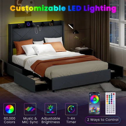Full/Queen Size Bed Frame with LED Lights and Charging Station-Queen Size - Gray - Simple Bed Frame