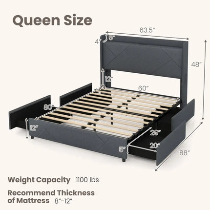 Full/Queen Size Bed Frame with LED Lights and Charging Station-Queen Size - Gray - Simple Bed Frame