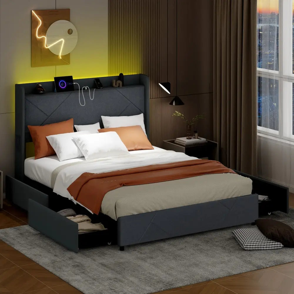 Full/Queen Size Bed Frame with LED Lights and Charging Station-Queen Size - Gray - Simple Bed Frame