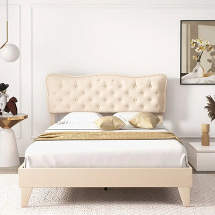 Full/Queen Size Bed Frame with Nail Headboard and Wooden Slats-Queen Size - Beige - Simple Bed Frame