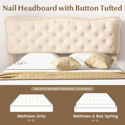 Full/Queen Size Bed Frame with Nail Headboard and Wooden Slats-Queen Size - Beige - Simple Bed Frame