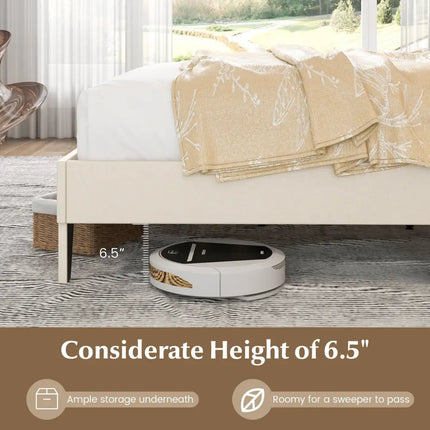 Full/Queen Size Bed Frame with Nail Headboard and Wooden Slats-Queen Size - Beige - Simple Bed Frame