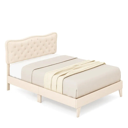Full/Queen Size Bed Frame with Nail Headboard and Wooden Slats-Queen Size - Beige - Simple Bed Frame