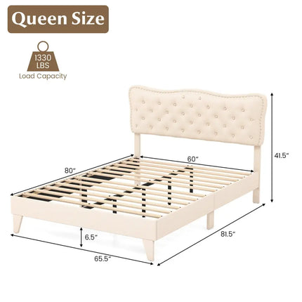 Full/Queen Size Bed Frame with Nail Headboard and Wooden Slats-Queen Size - Beige - Simple Bed Frame