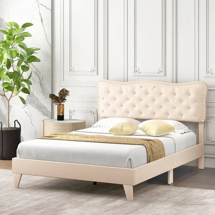 Full/Queen Size Bed Frame with Nail Headboard and Wooden Slats-Queen Size - Beige - Simple Bed Frame