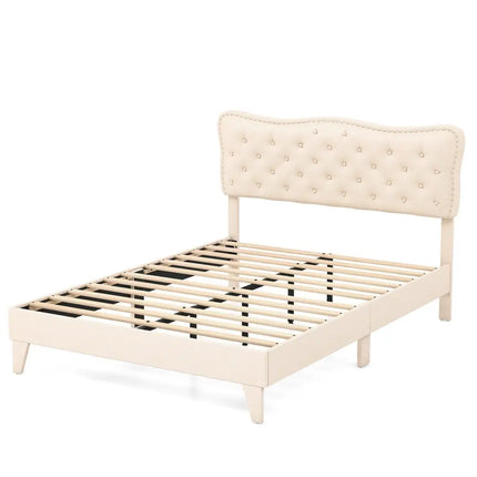 Full/Queen Size Bed Frame with Nail Headboard and Wooden Slats-Queen Size - Beige - Simple Bed Frame