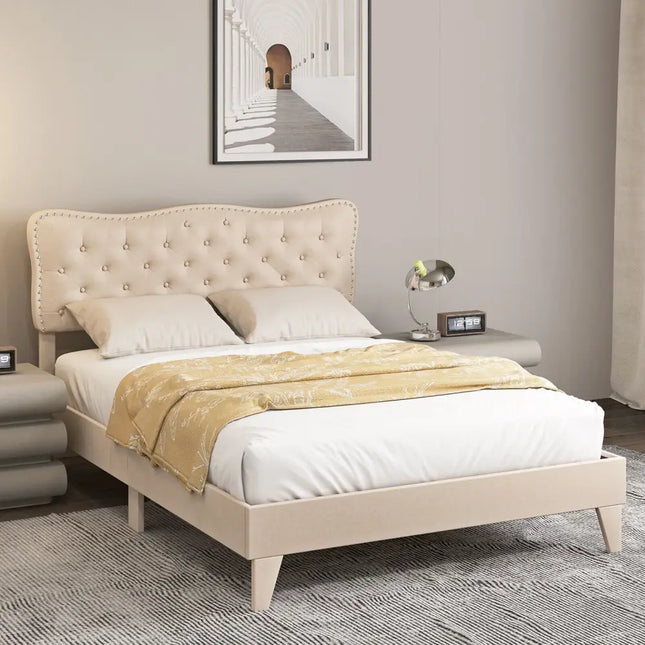 Full/Queen Size Bed Frame with Nail Headboard and Wooden Slats-Queen Size - Beige - Simple Bed Frame