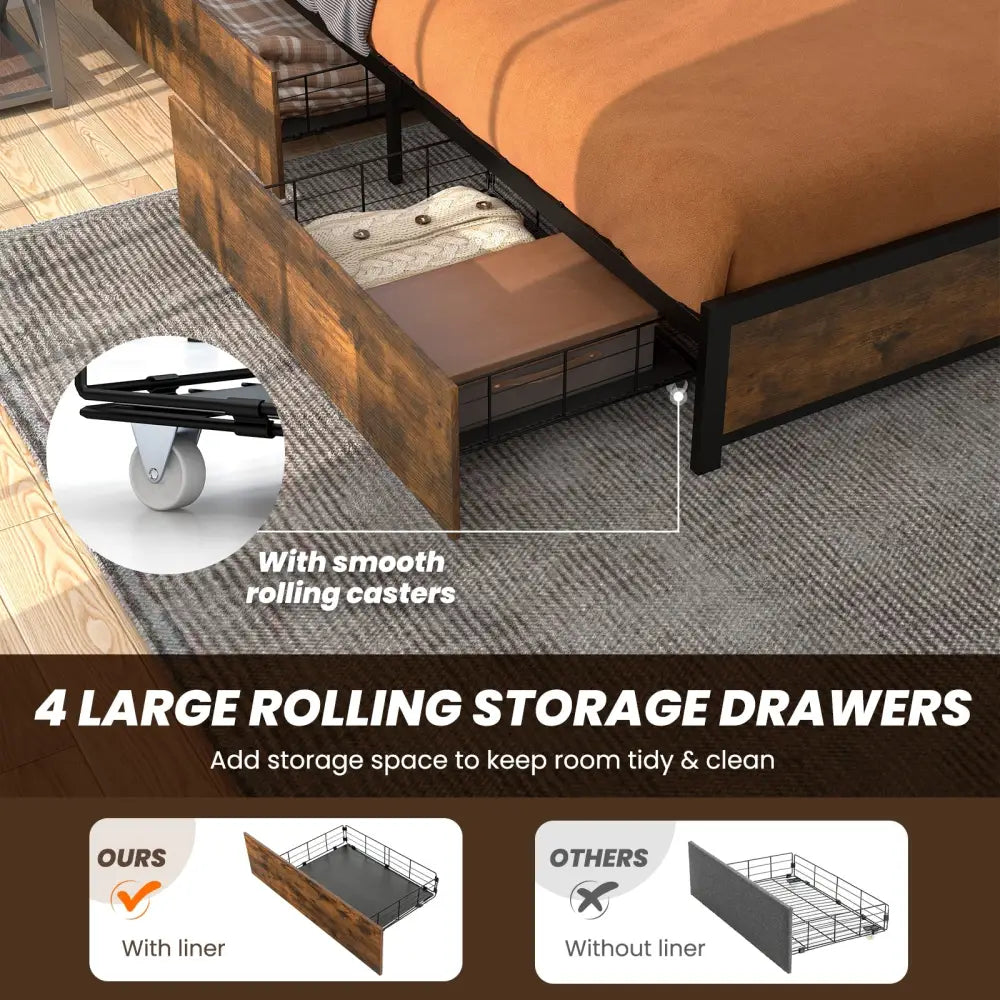 Full/Queen Size Bed Frame with Smart LED Lights and Storage Drawers-Full Size - Rustic Brown - Simple Bed Frame