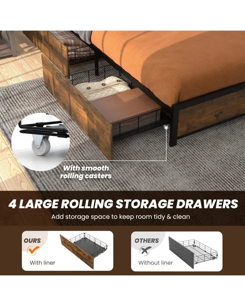 Full/Queen Size Bed Frame with Smart LED Lights and Storage Drawers-Full Size - Rustic Brown - Simple Bed Frame