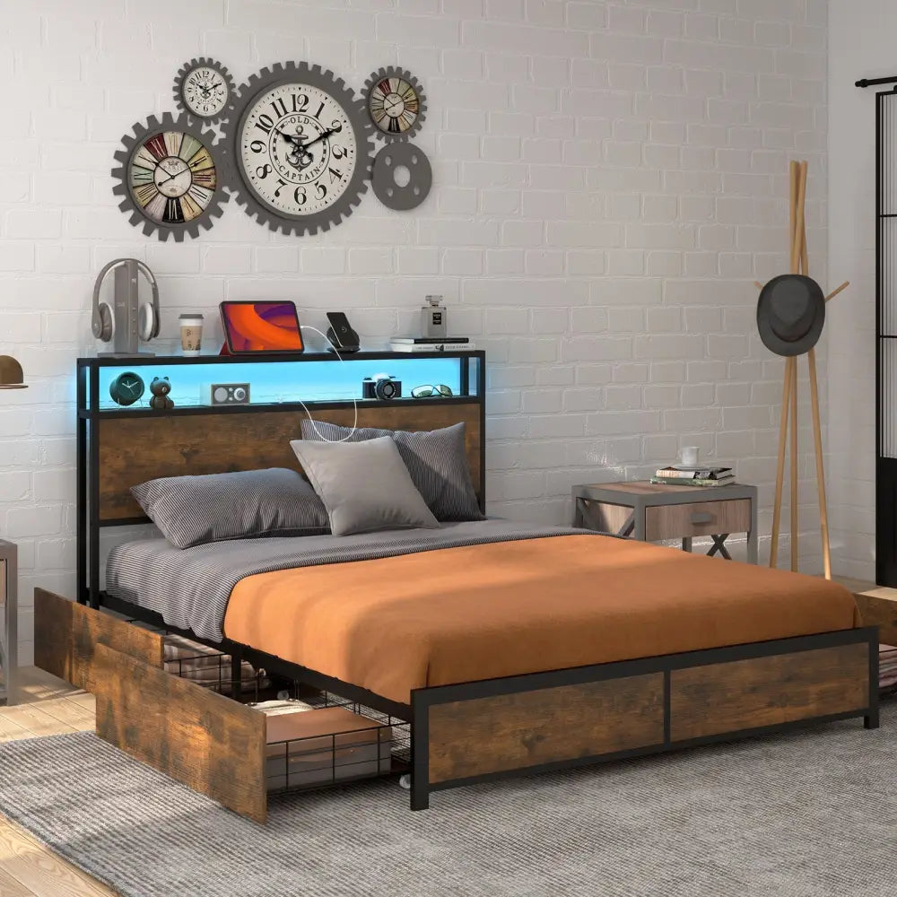 Full/Queen Size Bed Frame with Smart LED Lights and Storage Drawers-Full Size - Rustic Brown - Simple Bed Frame