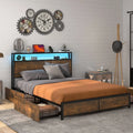 Full/Queen Size Bed Frame with Smart LED Lights and Storage Drawers-Full Size - Rustic Brown - Simple Bed Frame