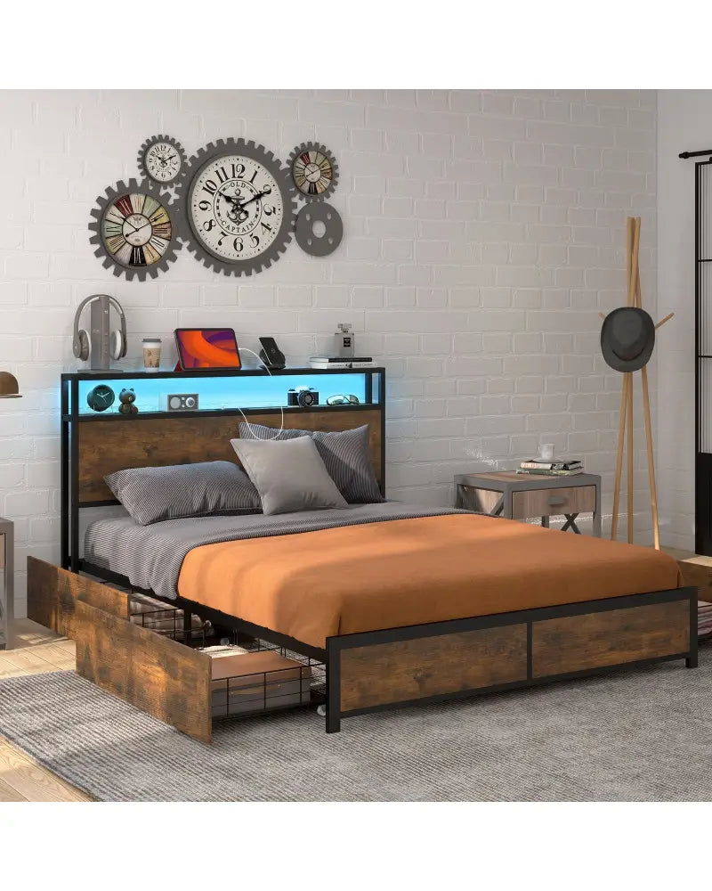 Full/Queen Size Bed Frame with Smart LED Lights and Storage Drawers-Full Size - Rustic Brown - Simple Bed Frame